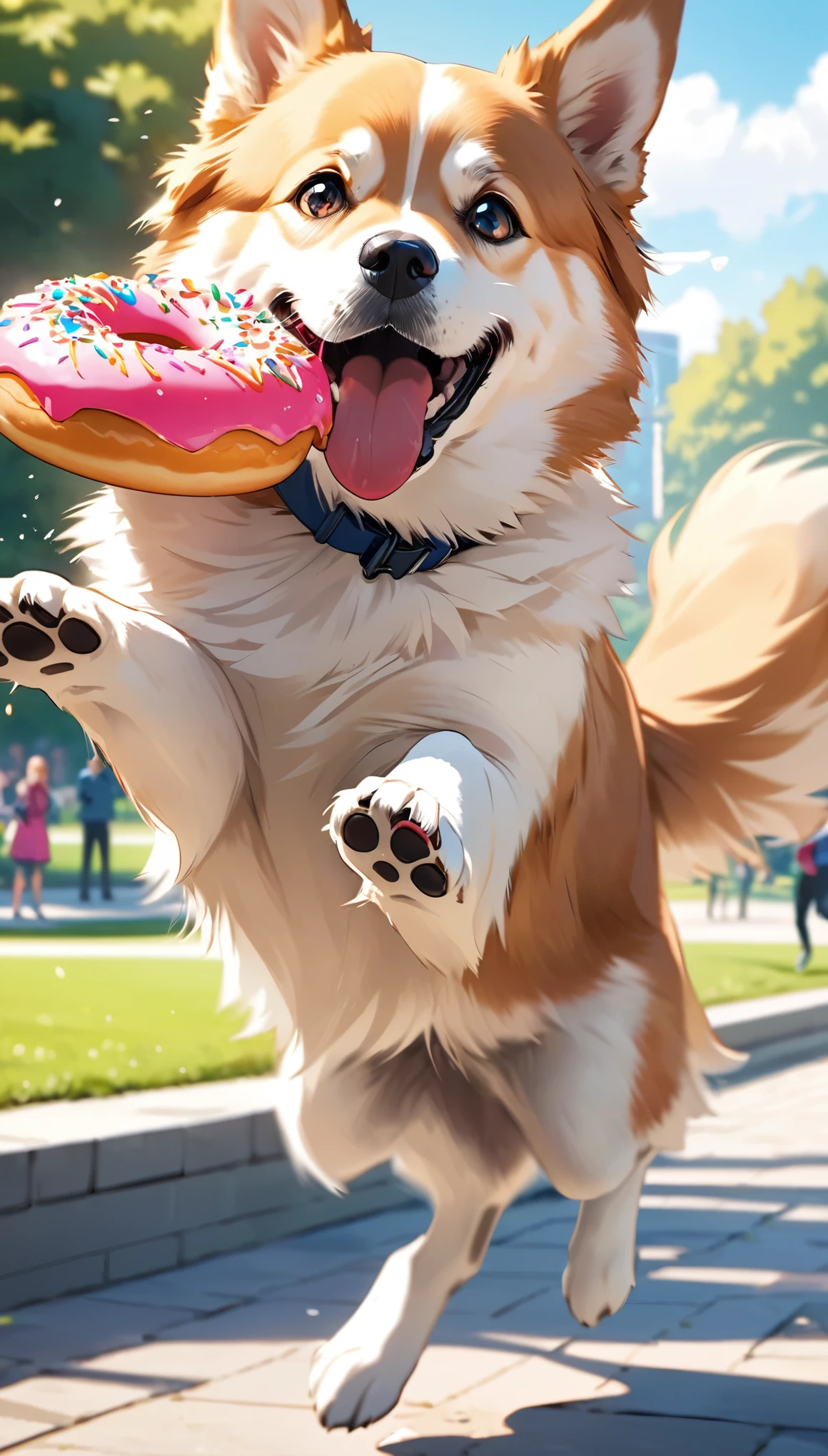 a dog jumping to catch a single flying donut, about to take a big bite, extremely detailed, beautiful park background, dynamic action, dramatic motion blur, photorealistic, 8k, highly detailed, vivid colors, professional photography