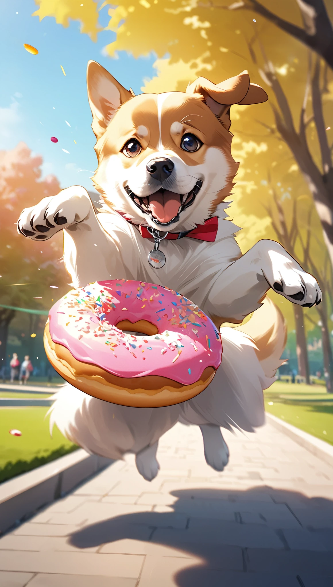 a dog jumping to catch a single flying donut, about to take a big bite, extremely detailed, beautiful park background, dynamic action, dramatic motion blur, photorealistic, 8k, highly detailed, vivid colors, professional photography