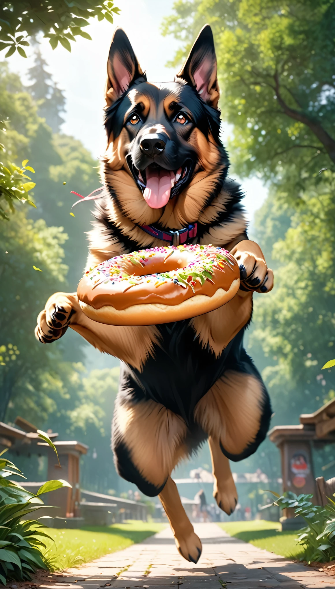 a dog jumping to catch a single flying donut, about to take a big bite, extremely detailed, beautiful park background, dynamic action, dramatic motion blur, photorealistic, 8k, highly detailed, vivid colors, professional photography