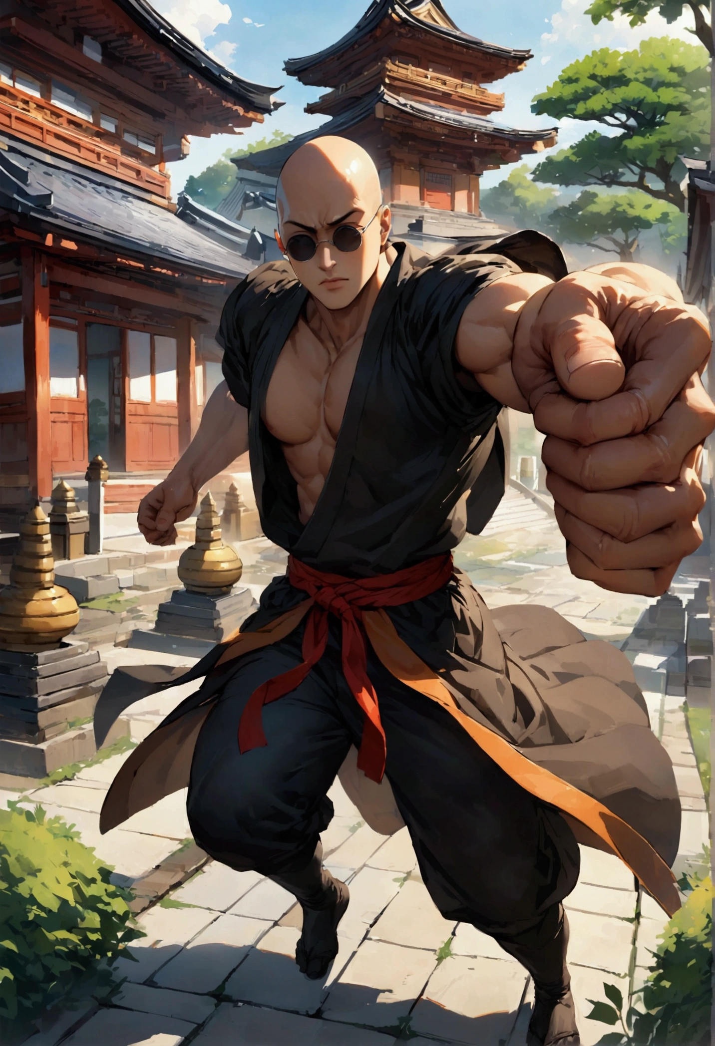 Japanese monk、Small、Round sunglasses、Hero of Justice、One Punch Man、Japanese Temples、strongest