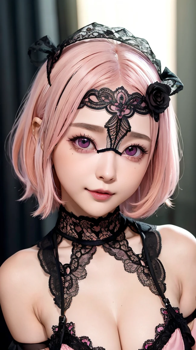 (4K quality:1.3),(Highest quality:1.3),(19 years old:1.3),(Large Breasts:1.6),Overdeveloped breasts:1.6,Big Breasts:1.6,世界一Large Breasts,Extra large chest:1.3,One of the largest breasts in the world,Saggy breasts,rich,Upper Body,smile,Japanese Voice Actors,Overflowing breasts,(jewelry),Captivate a man,Cleavage,(Con Cafe:1.5),(Celebrities:1.4),(thin:1.2),(Tight waist:1.4,(Night viewの良いホテル:1.1),(luxury:1.2),(Arisa Hanyu:1.5),(anorexia:1.4),(Night view:1.3),(Close up on face:1.2),Catchlight,(Child face:1.6),(smile:1.1),(Lori:1.5),(Pink Hair:1.6),(Short Hair),(Deep pink eyes:1.4),(2D cuteness:1.5),(Cute Makeup),Beautiful fingertips,Black lace collar,(black lace mask:1.3),(Punk Rock)