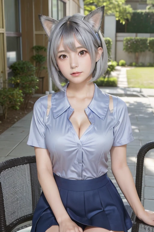 ((Silver Hair))、((Short Hair))Fox Ears、Highest quality,High resolution,Very detailed, (Very detailedな目, Very detailedな顔)、Fox Ears、((Browsing Caution))、(((Open the front of the shirt wide)))、((Cleavageを見せる))、Small breasts、Beautiful medium breasts、(Cleavage)、(I can see your thighs)、((Short skirt))、(A cute girl wearing a uniform sitting at a desk、Japanese、Japanese、Japanese girls uniform、Surreal、Medium Hair、Beautiful 15 year oldl、Cute school girl、学校のをwear、リアルなYoung Gravure Idol、wear、Young and beautiful gravure idol、Surreal 、Young Gravure Idol