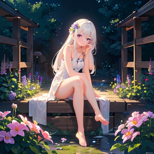 (best quality,4K,8K,high resolution,masterpiece:1.2),Very detailed,(Practical,photoPractical,photo-Practical:1.37),illustration,Soft Light,White hair girl,Deep purple eyes,Glowing eyes,sit down,barefoot,blush,Garden at night,Flowers.dew