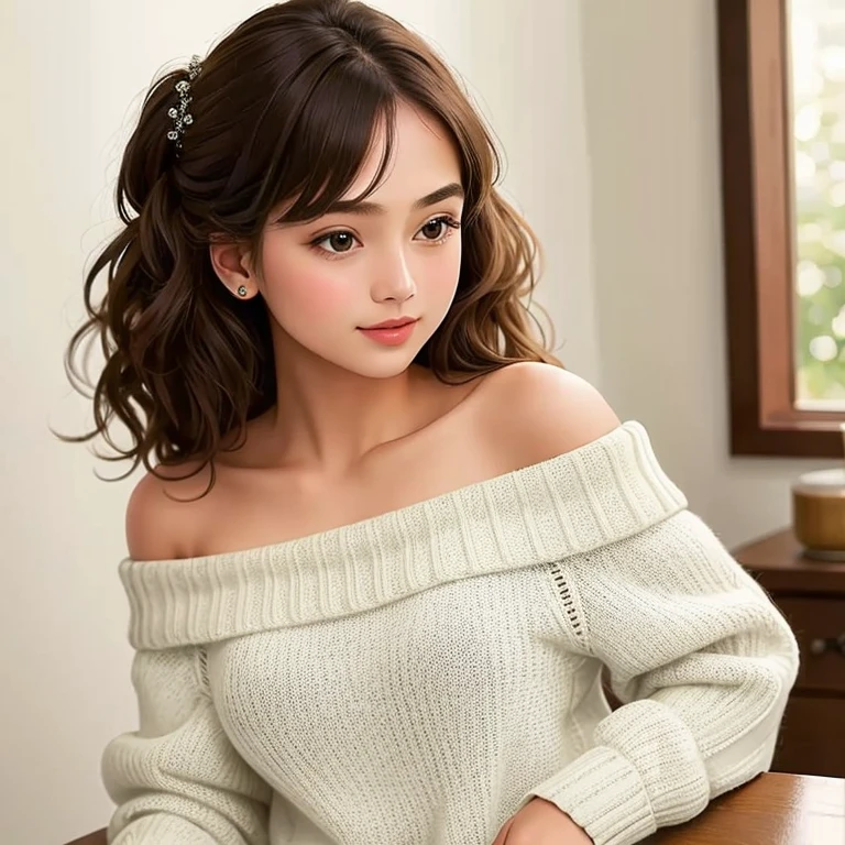 ((best quality)), ((masterpiece)), (detailed), 1girl, off-shoulder sweater, 