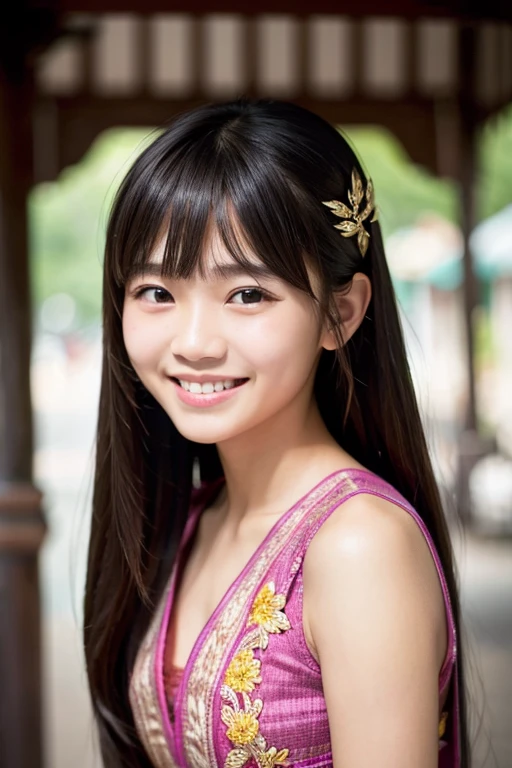 One girl, Southeast Asian、High resolution, Textured skin, Long Hair, Deco bangs, smile, 