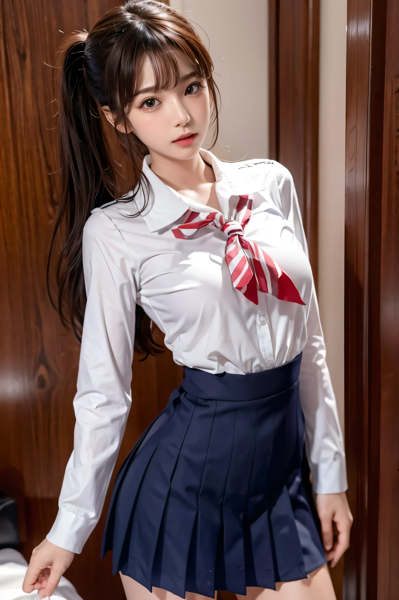 (Ultra HD), (Sailor suit, Navy blue mini skirt), Big Breasts, slender, Narrow waist), whole body, Standing posture, (Clean and shiny skin, Whitening, No makeup), (Super slim face, Super beautiful face), (Light Brown Ponytail, Layered Cut, Fluffy hair), (double eyelid, Slanted Eyes), Small Nose, Thin lips, Thin legs, school gate