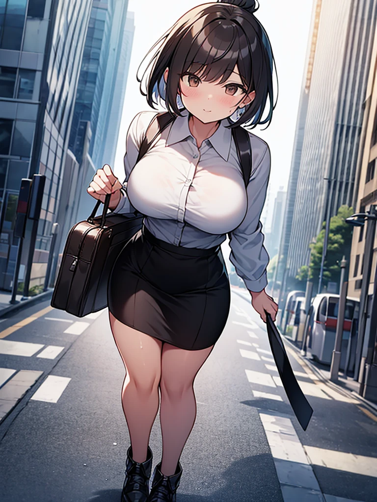 Thick sunlight Composition looking up from the feet woman Walking through the business district Cloudy Full body view Sweat ponytail:3.6 Social People Black recruitment suit White collared shirt Three-quarter sleeves Black Skirt Black short hair, straight hair, hair tie Sweep your bangs to the side:2.4. Slanted eyes, brown eyes, tall, strong-willed, beautiful tits Business bag