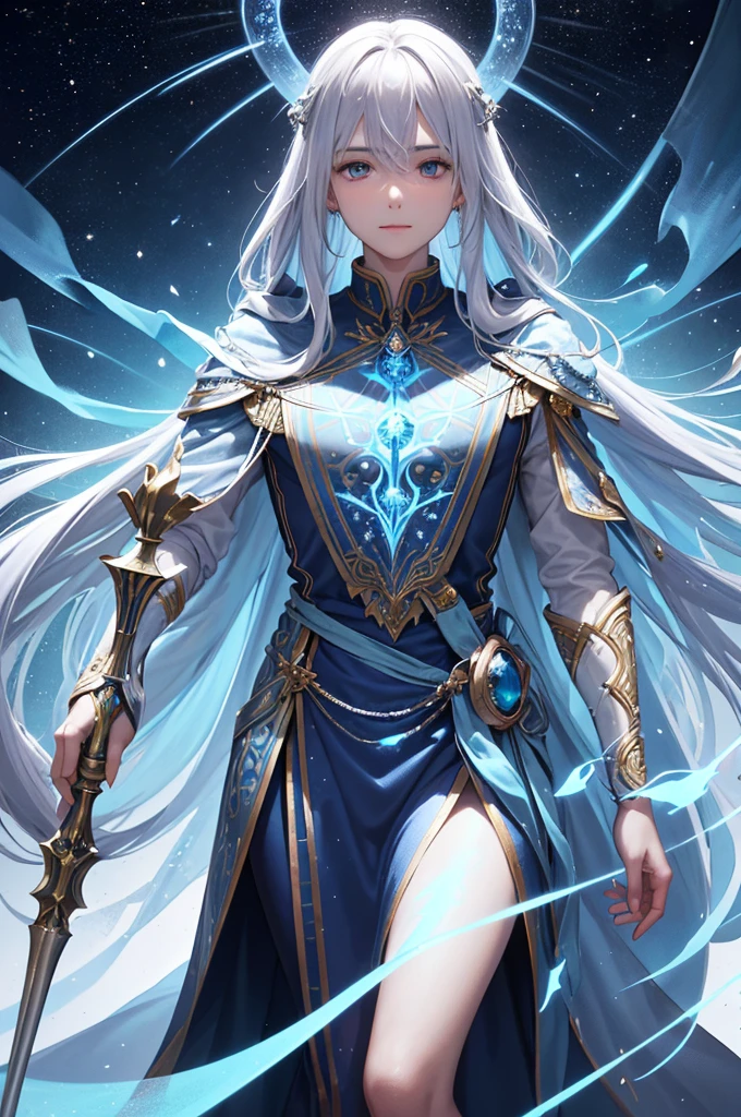 Imagine a character with an aura of enchantment and wisdom. His eyes are a deep blue, with an almost ethereal glow, as if they hold deep, ancient secrets. They have a slightly almond shape, giving them an intense and discerning look. Her hair is a silver tone, with strands that seem to capture and reflect the light in a magical way, fluttering around her face with an almost ethereal movement. Her attire is a mix of elegance and mystery, with a flowing cerulean blue cloak that seems to transform according to the lighting, creating patterns of stars and constellations. The cloak is complemented by silver details that resemble constellations and arcane symbols. Underneath the cloak, he wears a fine silk tunic, in shades of blue and silver, with subtle details of golden threads that capture the light in a mesmerizing way. In his hands, he holds a scepter adorned with a luminous gem at the top, which emits a soft, pulsating glow, as if in tune with a cosmic energy. His smile is charming and full of mystery, revealing a mix of wisdom and curiosity that fascinates everyone around him. He has a confident, relaxed posture that suggests a deep understanding of the universe and an ability to see beyond the obvious. This character, with his fascinating presence and magical appearance, conveys a constant feeling of epiphany, as if at any moment he could reveal a great secret or a profound insight.