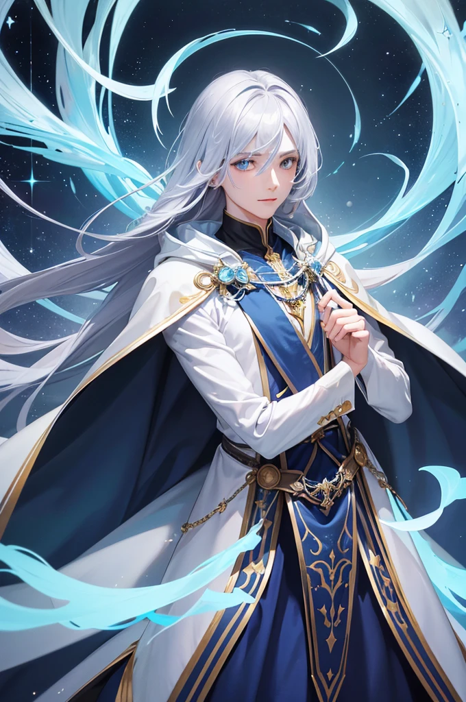 Imagine a character with an aura of enchantment and wisdom. His eyes are a deep blue, with an almost ethereal glow, as if they hold deep, ancient secrets. They have a slightly almond shape, giving them an intense and discerning look. Her hair is a silver tone, with strands that seem to capture and reflect the light in a magical way, fluttering around her face with an almost ethereal movement. Her attire is a mix of elegance and mystery, with a flowing cerulean blue cloak that seems to transform according to the lighting, creating patterns of stars and constellations. The cloak is complemented by silver details that resemble constellations and arcane symbols. Underneath the cloak, he wears a fine silk tunic, in shades of blue and silver, with subtle details of golden threads that capture the light in a mesmerizing way. In his hands, he holds a scepter adorned with a luminous gem at the top, which emits a soft, pulsating glow, as if in tune with a cosmic energy. His smile is charming and full of mystery, revealing a mix of wisdom and curiosity that fascinates everyone around him. He has a confident, relaxed posture that suggests a deep understanding of the universe and an ability to see beyond the obvious. This character, with his fascinating presence and magical appearance, conveys a constant feeling of epiphany, as if at any moment he could reveal a great secret or a profound insight.