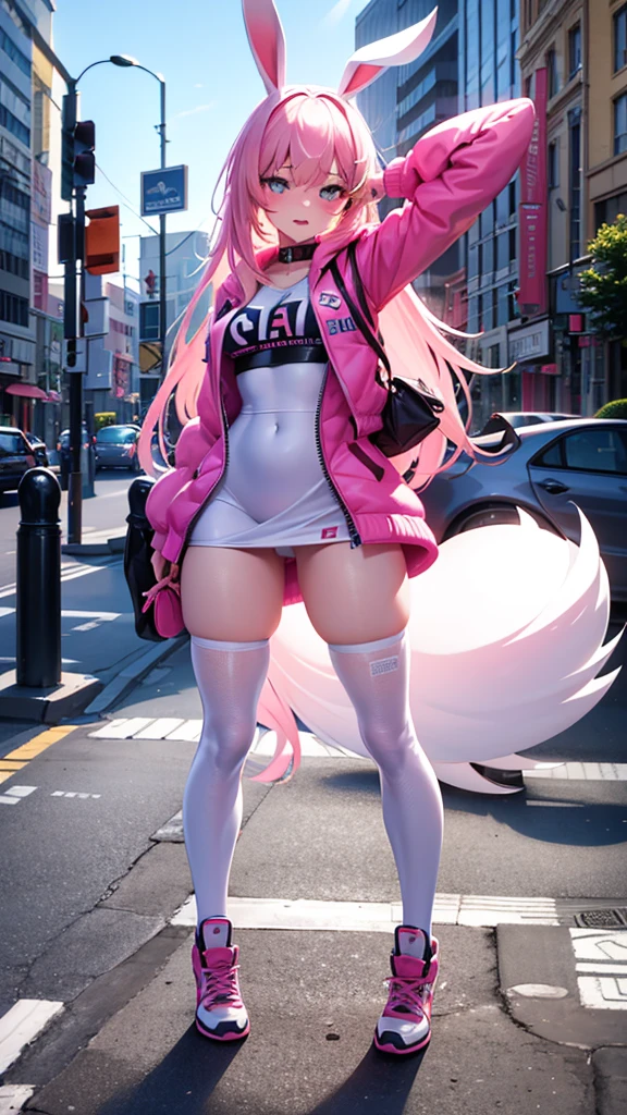 a beautiful bunny girl, modern world, Fluffy , highly detailed clothing, narrow pupils, full body shot, sexy, Bunny Ears , woman, great shapes, dynamic art, Rabbit Tail Girl, Modern Clothes, City, Bright Colors, Street style, sexy,  woman, Woman hare, street clothes, Sportswear, sexy, bright colors, rabbit 