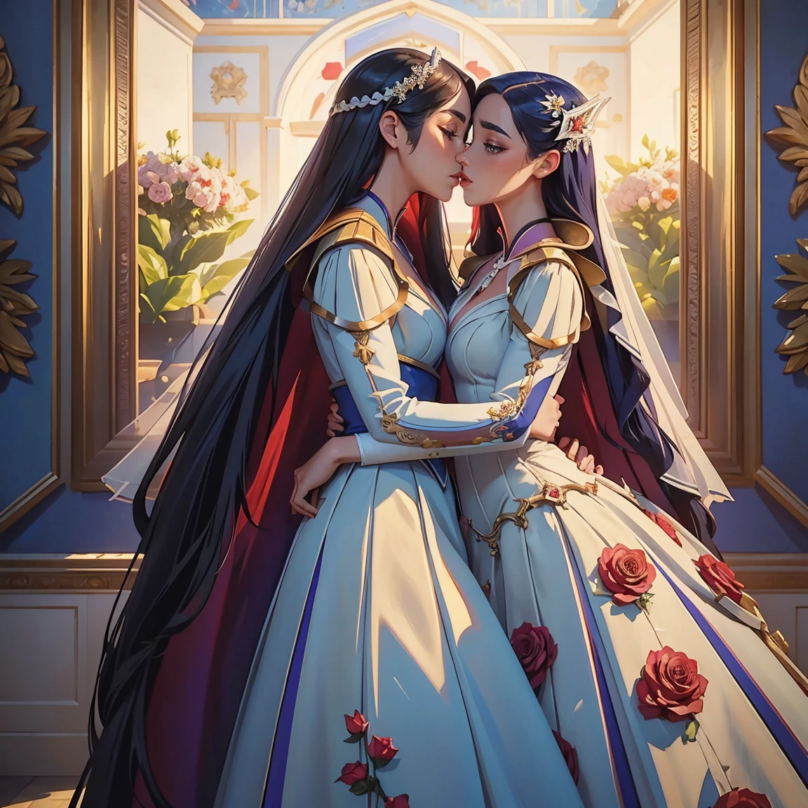(masterpiece, highest quality, official art, beauty and aesthetic:1.5), perfect anatomy, two stunning bride is deeply in love with each other, kiss, romantic atmosphere, flower and moon, magnificent panorama view