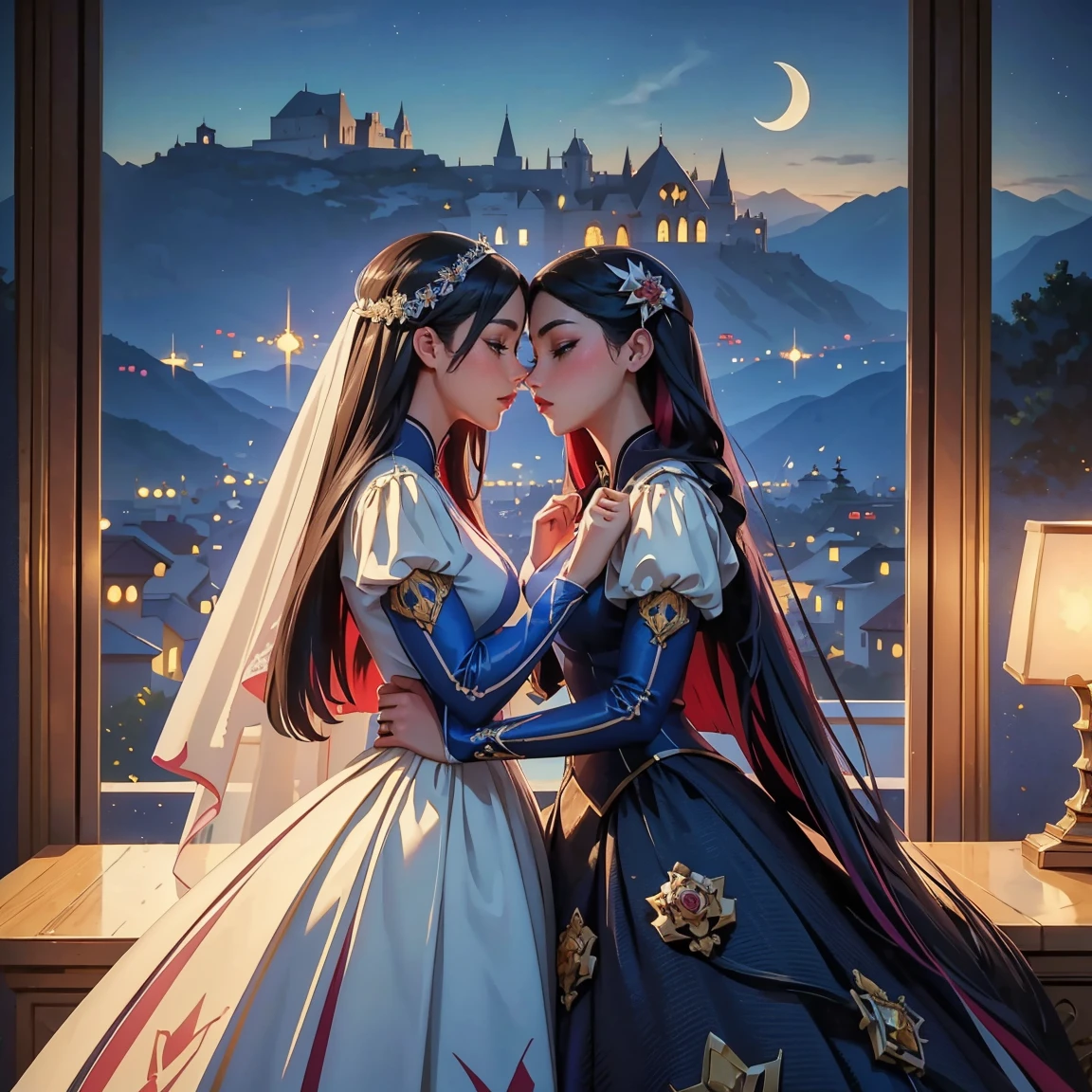 (masterpiece, highest quality, official art, beauty and aesthetic:1.5), perfect ???????, two stunning bride is deeply in love with each other, kiss, romantic atmosphere, flower and moon, magnificent panorama view