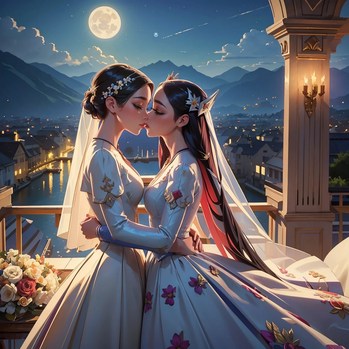 (masterpiece, highest quality, official art, beauty and aesthetic:1.5), perfect anatomy, two stunning bride is deeply in love with each other, kiss, romantic atmosphere, flower and moon, magnificent panorama view