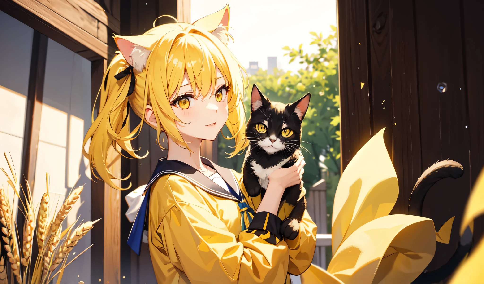 Cat with yellow ribbon、Yellow Hair、Yellow Eyes、Yellow clothes、sun、wheat、wheatわら帽子