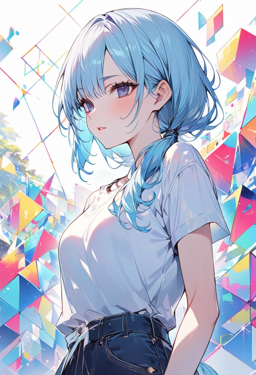 Highest quality、masterpiece、High resolution、Light blue hair、Low Ponytail、Dark Eyes、Summer casual style、flowerpunk、Vividly colored machine design、Geometric pattern、Golden Ratio、Diagonal left