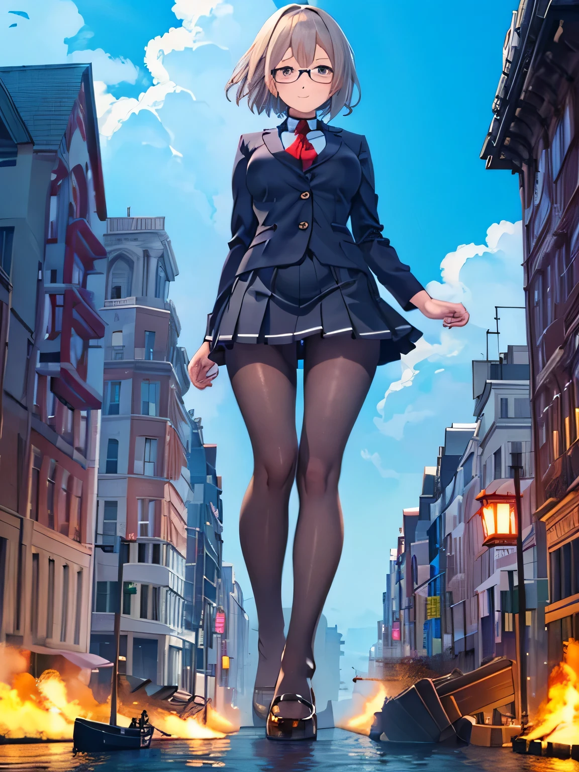 multiple girls, 3girls, standing, giantess art, highly detailed giantess shots, giantess, most detailed, perfect face, Two legs, Five fingers, short hair, A high school girl who is bigger than a skyscraper, Wearing rimless glasses, smile, huge breasts, Navy blazer, Red tie, mini skirt, black pantyhose, no shoes on, toes visible through pantyhose, Steam coming out from the soles of my feet, seaside metropolis, numerous miniature warships on the sea, Destroying cities, Under heavy attack, A very small big city, Miniature metropolis, Full body description, GTS, giga giantess, stomping city, crash city, tiny city, micro city, pantyhose feet, High resolution, highest quality, masterpiece, 