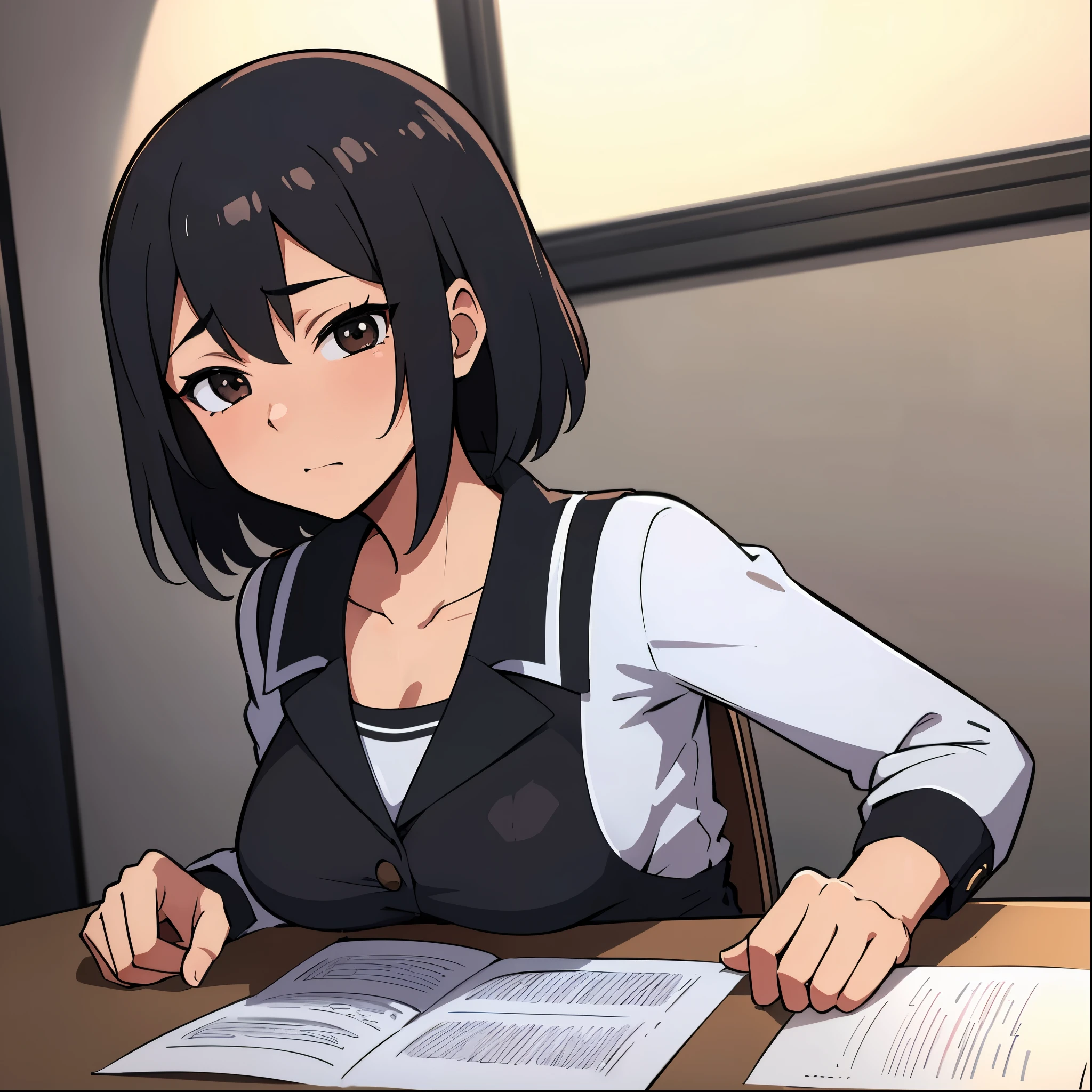 top quality, masterpiece, ultra high resolution, black and white image of an anime girl with short brown hair and well-detailed black eyes, He is in a classroom and is wearing a very tight uniform. 