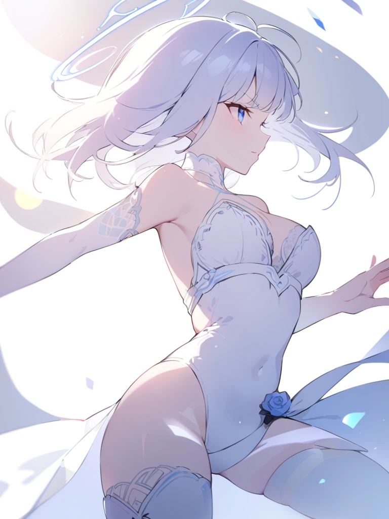 1 girl,white background,upper body,solo,bare shoulders,fighting stance,full-body tattoo,Stylish poses,white sky,white skin,white people,blank background,halo,light effect,wide_shot,lens_flare,looking_ahead,motion_blur,thigh_boots,thighhighs_under_boots,wedding_dress,