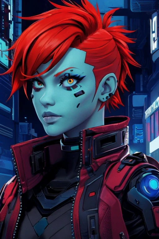 yber mark, facial mark, A blue cyberpunk style, red headed, attractive ginger Mohawk female, cyberpunk