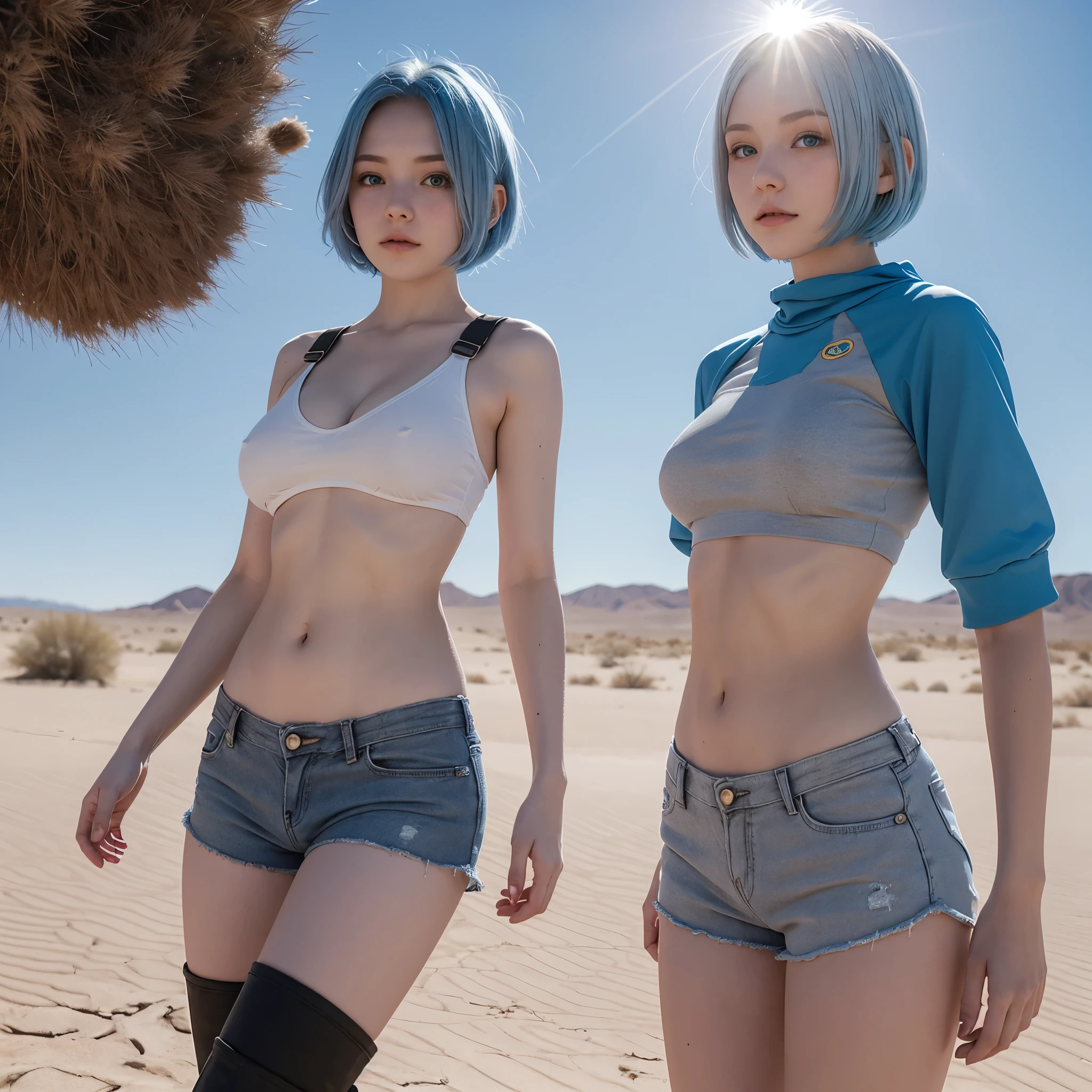 19 year old woman, alone, short light blue hair, very  pale skin, wearing a boob tube, grey shorts, black boots, standing in a desert with bright blue sky that has 2 suns.