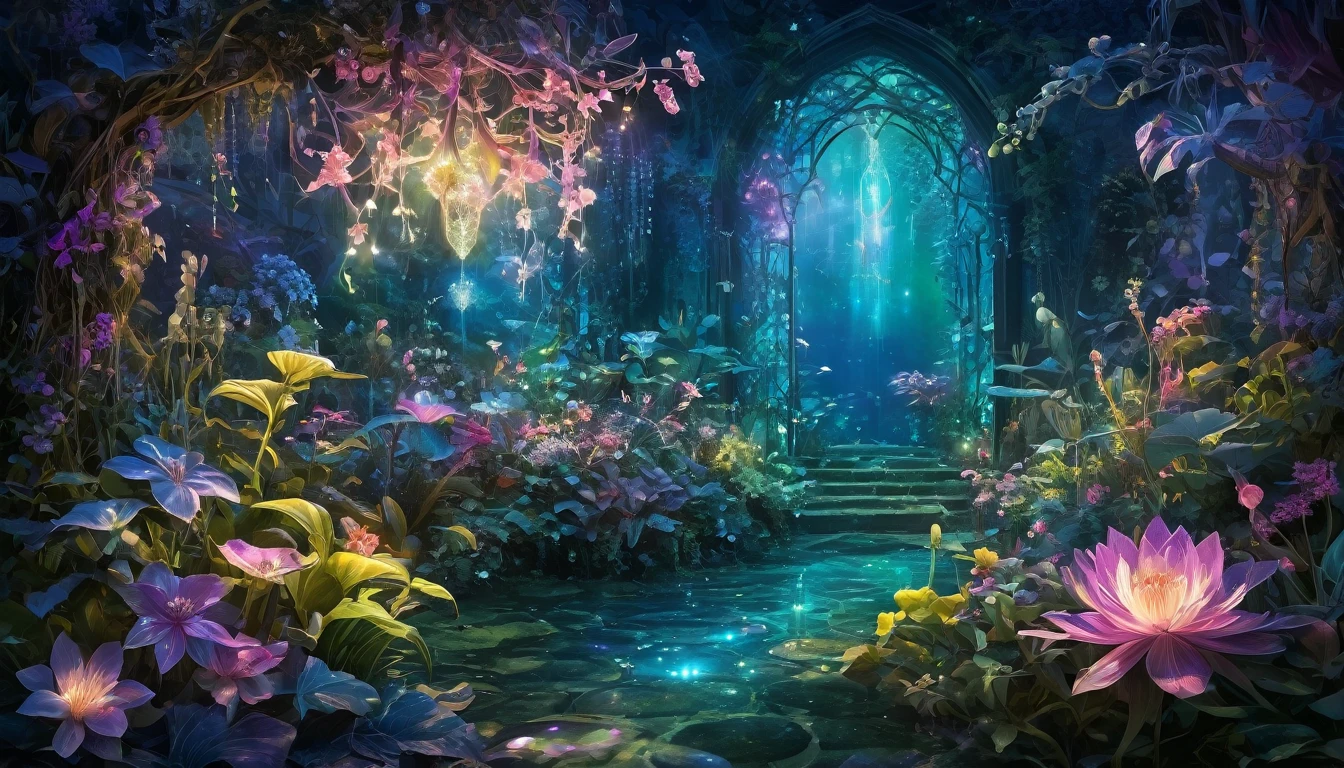 In a mystical garden, an enchanting array of magical plants flourishes, each one imbued with otherworldly properties and ethereal beauty. Luminescent flowers emit a soft, iridescent glow, while shimmering vines weave intricate patterns through the air, highres, best quality, super detail, masterpiece, 16k