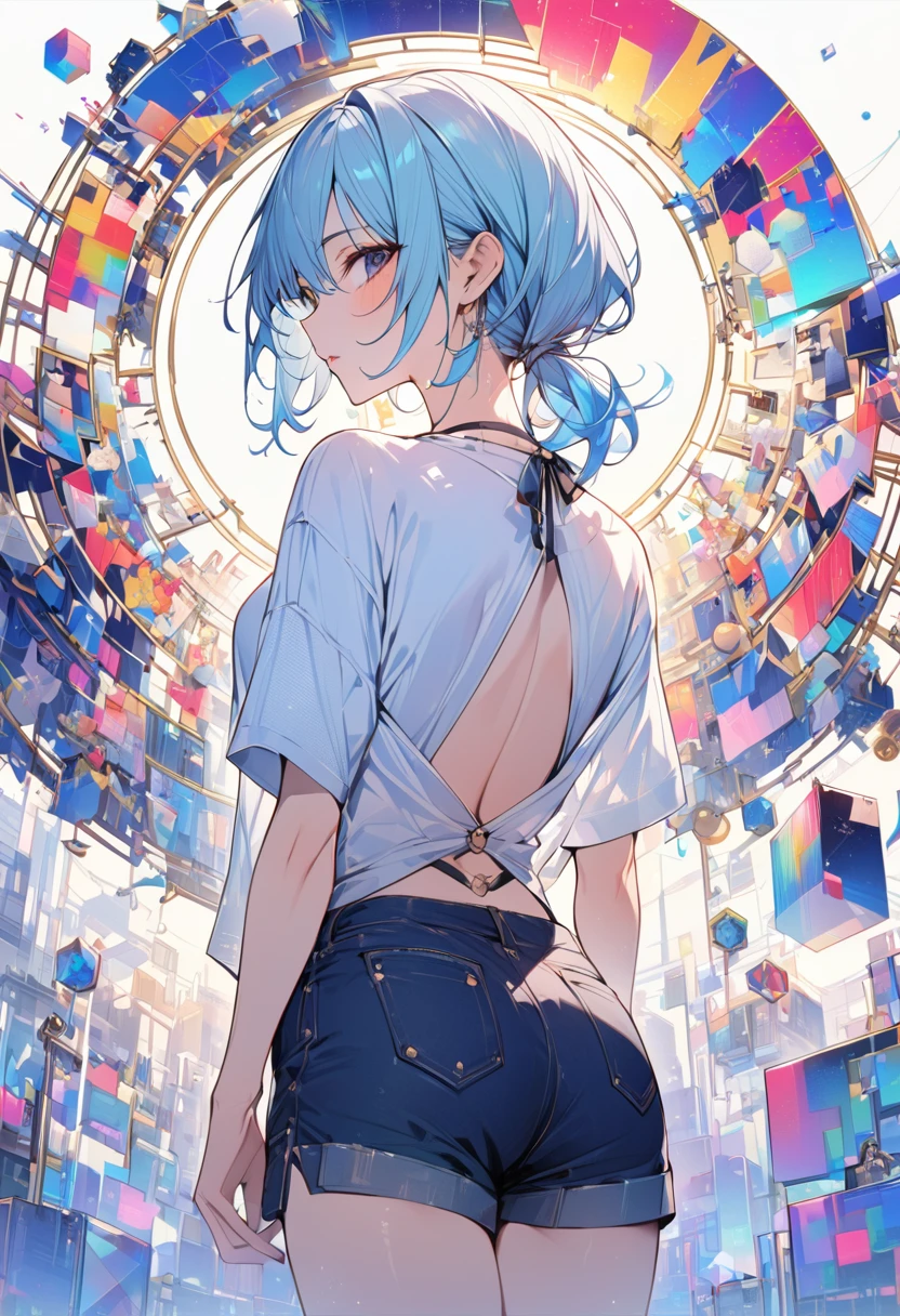 Highest quality、masterpiece、High resolution、Light blue hair、Low Ponytail、Dark Eyes、Summer casual style、flowerpunk、Vividly colored machine design、Geometric pattern、Golden Ratio、back