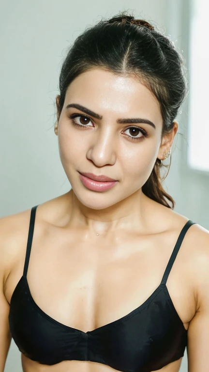 Top down view, A photograph of beautiful samantha ruth prabhu showing her half body, messy long free black hair, sunlight, ((lingerie)),clear forehead, capturing a home-made photo from bedroom,biting her lips sexily, looking up into camera, She looks into the camera with black pupil eyes, Background is a messy middle class bedroom,half body seen, realistic, Soft, cool light filter, casting a golden glow on her face, average size,((clear forehead)), ((untoned abs)), half body, tongue out
Camera Settings:
Type of Photography: Selfie, Gear: Samsung Galaxy S21, Settings: f/11, ISO 100, 1/50 sec.