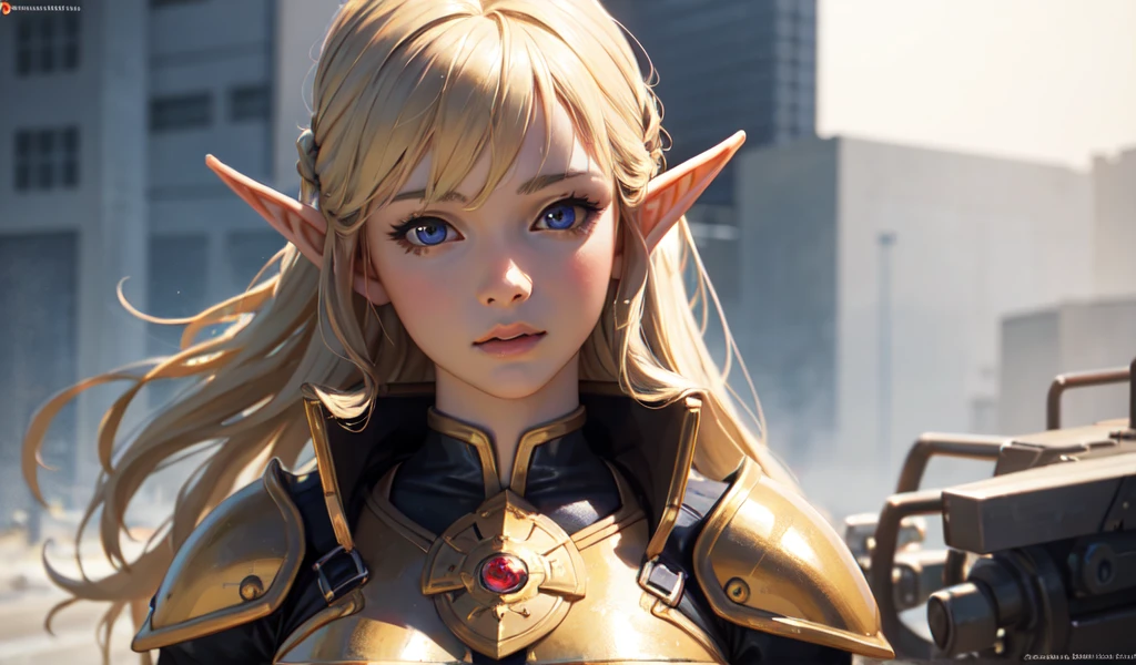 (Highest quality,Very detailed,Realistic:1.37),Beautiful Elf Girl,Detailed face and eyes,Busty women,whole body,Gold Armor,Vibrant colors,Realistic lighting,Background with large machinery,SF wind