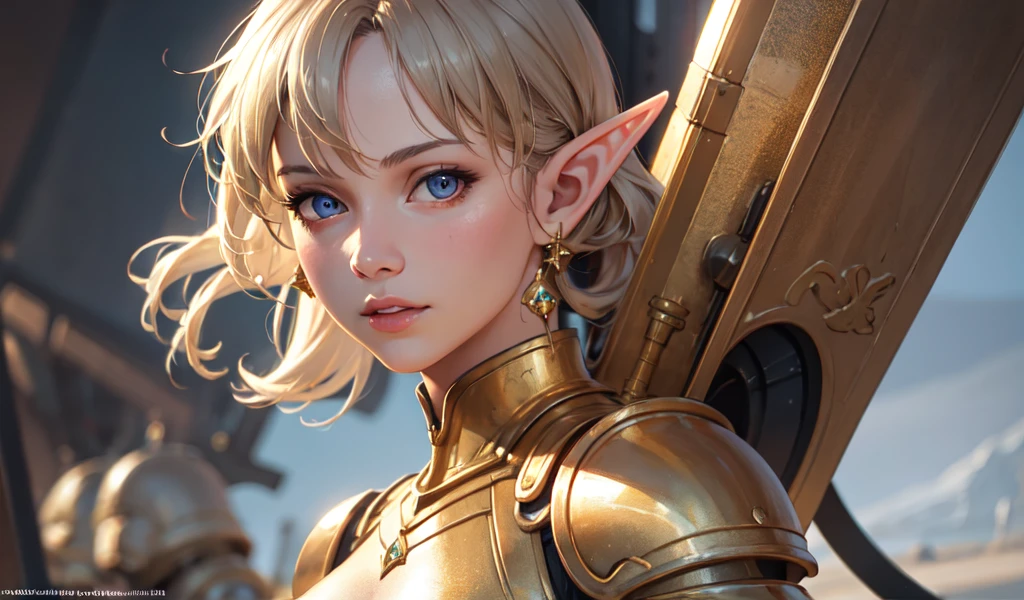 (Highest quality,Very detailed,Realistic:1.37),Beautiful Elf Girl,Detailed face and eyes,Busty women,whole body,Gold Armor,Vibrant colors,Realistic lighting,Background with large machinery,SF wind