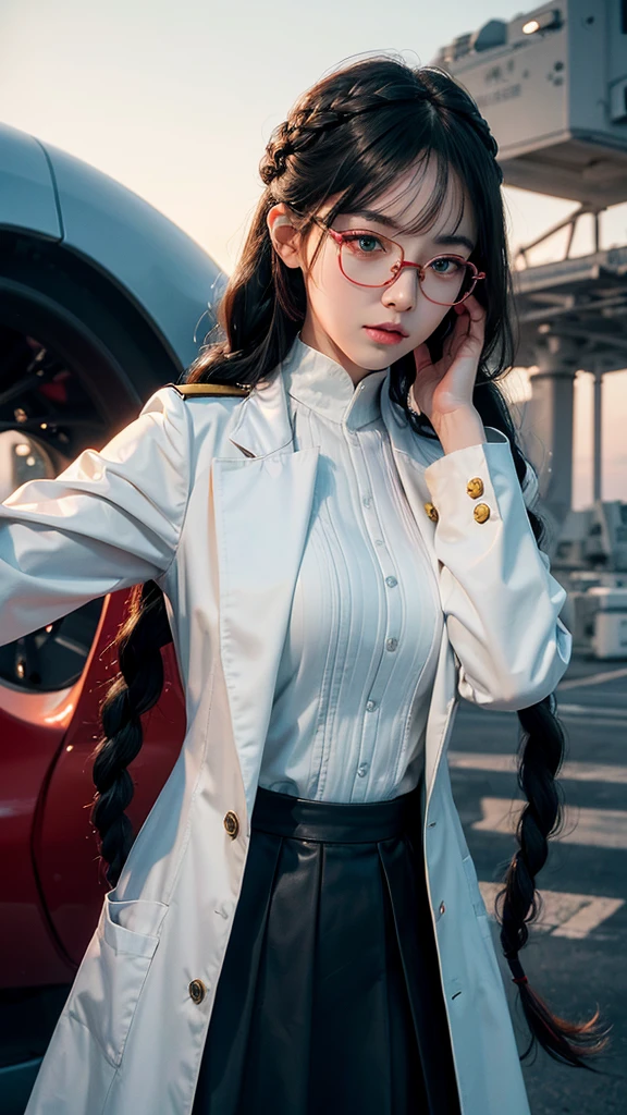 (Highest resolution),((Maximum eye detail))(Beautiful picture),(Maximum face detail)),Sci-fi movie poster,(สไตล์ภาพscience fiction),(best quality),(Masterpiece),(Maximum face detail),((semi-realistic)), Maximum face resolution,adult,East Asian woman, figure,black hair,(Bangs),(double braid hairstyle),green eyes,((red glasses)),(high military uniform),Long skirt, white coat,future,science fiction,Standing on an aircraft carrier