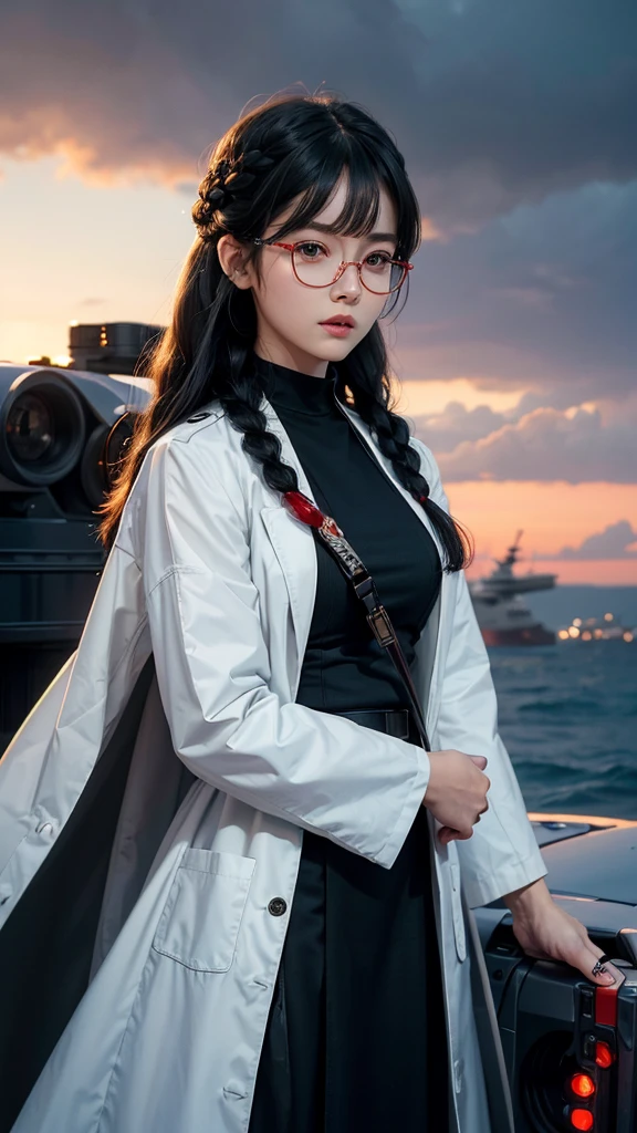 (Highest resolution),((Maximum eye detail))(Beautiful picture),(Maximum face detail)),Sci-fi movie poster,(สไตล์ภาพscience fiction),(best quality),(Masterpiece),(Maximum face detail),((semi-realistic)), Maximum face resolution,adult,East Asian woman, figure,black hair,(Bangs),(double braid hairstyle),green eyes,((red glasses)),(high military uniform),Long skirt, white coat,future,science fiction,Standing on an aircraft carrier