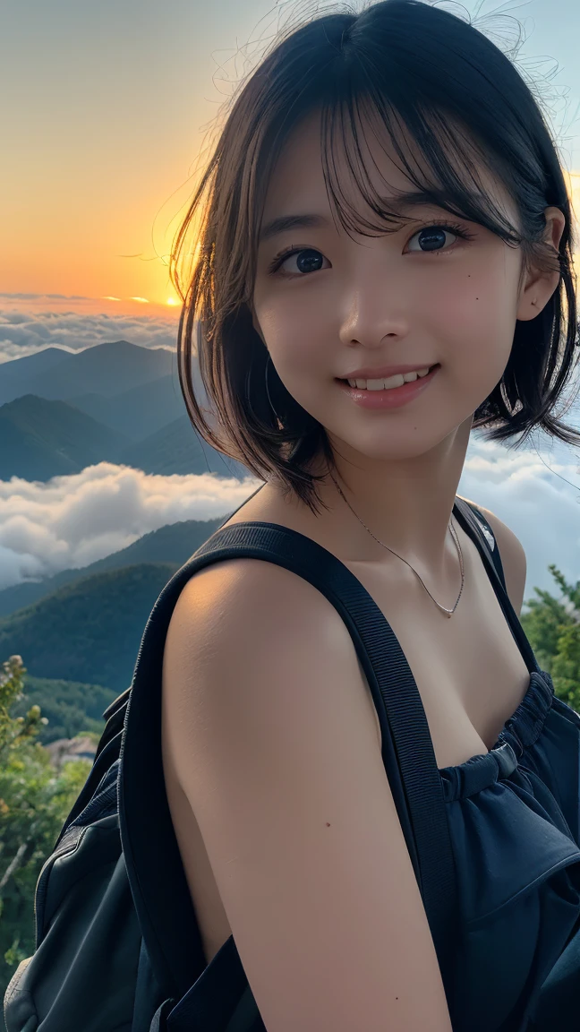 Highest quality, masterpiece, Ultra-high resolution, (Realistic:1.3), RAW Photos, (Nature landscape photography), (Majestic Mountain々The summit of the, sea of clouds), (On top of a very large mountain), (sunset), (One Girl), (Upper Body), (20-year-old), (smile:0.9), (Shiny skin), (short hair, Dark brown hair), (Completely naked), (pubic hair), (Carry a large backpack on your back), (Ultra detailed face), (Nipple erection:1.2), (Highly detailed eyes), (Highly detailed nose), (Highly detailed mouth), (Very skilled hands), (Super-detailed body), Sony a7, 85mm lens, f9.0, Pan Focus
、(Looking straight ahead、Face to face:1.3)、