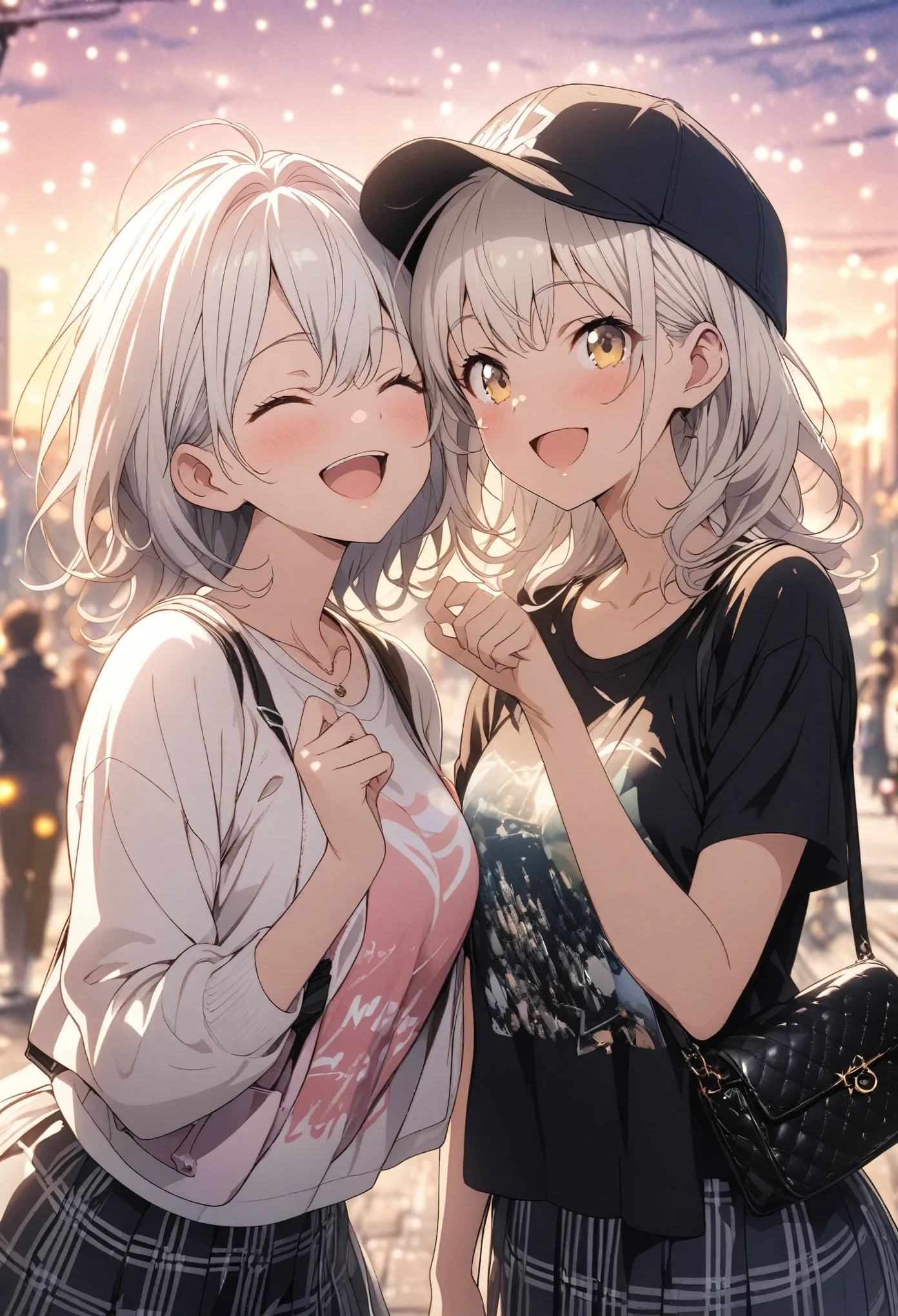 Two Girls, masterpiece, Highest quality, Highly detailed CG Unity 8K wallpapers, High School Girl Anime Illustration. Wear an oversized tank top, She is wearing a red and black checked skirt., paw poseのポーズ, She closes her eyes and opens her mouth wide, smile. white hair color, Yellow Eyes, Bokeh, Street style fashion, Wearing a cap, With a shoulder bag, Lens flare, The sun rises, Pink Sky, The background is the cityscape, Bokeh photo, (soft focus): 1.2, out of focus highlights, dreamy atmosphere, captivating depth