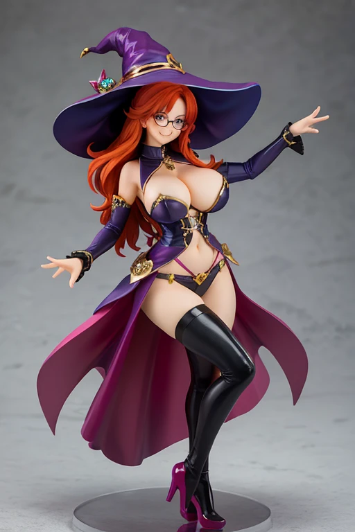 figure of witch, dancing, big breasts, sexy pose, glasses, redhead, hat witch, smile