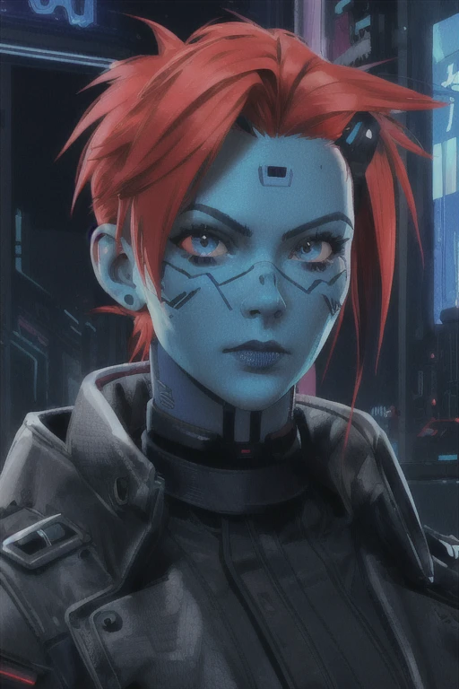 yber mark, facial mark, A blue cyberpunk style, red headed, attractive ginger Mohawk female, cyberpunk