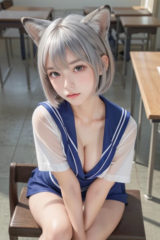 (Silver Hair))、((Short Hair))、Fox Ears、Japanese women、high school girl、16 years old, Anatomically correct, Perfect Anatomy, very cute, beautiful, (Sailor suit:1.2), ((Embarrassing:1.3)), blush、(classroom、Sitting), (masterpiece、Highest quality:1.3)、Best lighting、High resolution、(8k, High resolution:1.2), (photograph, Realistic:1.2)、Cowboy Shot、The face is in focus、(concentrate, Symmetrical pupils:1.2)、beautiful肌、Natural Makeup、Gloss Lip, High-definition hair texture, (View your viewers:1.2), Medium Hair (Multiple Angles:1.2), (Small breasts, Cleavage:1.1), (hug my chest:1.1)