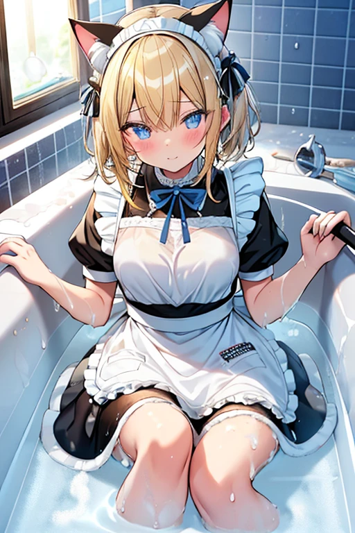 (Ultra high quality:1.6), (Highest quality:1.6), (Attention to detail:1.6), (Ultra-high resolution:1.6), (Detailed face:1.6), (Perfect Face:1,6), (Beautiful Eyes:1,6), (Detailed eyes:1.6), (Maid clothes, White apron, Headband, Black Dress, Blue ribbon, Maid clothes, Classic, Small breasts, Long:1.4), (白と黒のMaid clothes:1.6), (Blonde, Blue Eyes, Cat ear:1.5), cute, The best smile, Soaking wet, (Water droplets all over the body:1.4), (Covered in white foam:1.4), (Swimming in clothes, bathing, Bathroom, Longの浴槽:1.6), (relax, Relax in the bathtub:1.6), (Bubble bath:1.4, White cotton-like foam:1.4), (Maid clothesのまま浴槽へ:1.4), White foam on clothes, (Soak in deep water:1.6), (Deep hot water:1.4), (Wash your body with your clothes on:1,4), shampoo, Body Soap, sponge, 