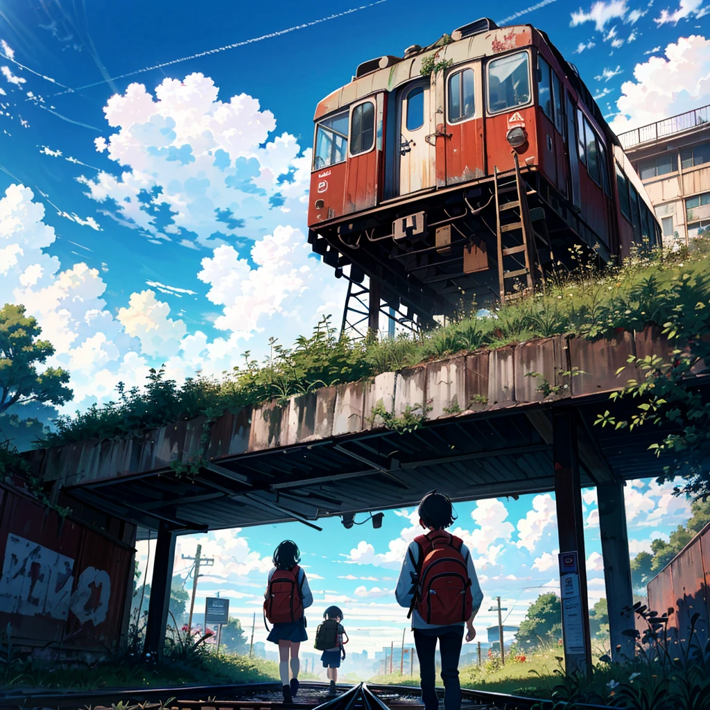 Front view, alone girl, , carrying a backpack, young, small, summer clothes, smiling, summer sky, cumulonimbus clouds, abandoned train tracks, exploration, dilapidated station, along dilapidated signs Some people are walking, looking at the camera, turning around, close-up of their upper bodies.