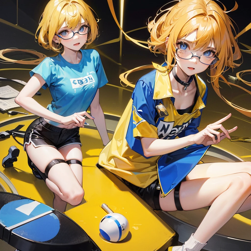 1 girl, Yellow medium-haired, With eyeglasses, blue t-shirt, short black tight shorts, cute face, blue-eyed