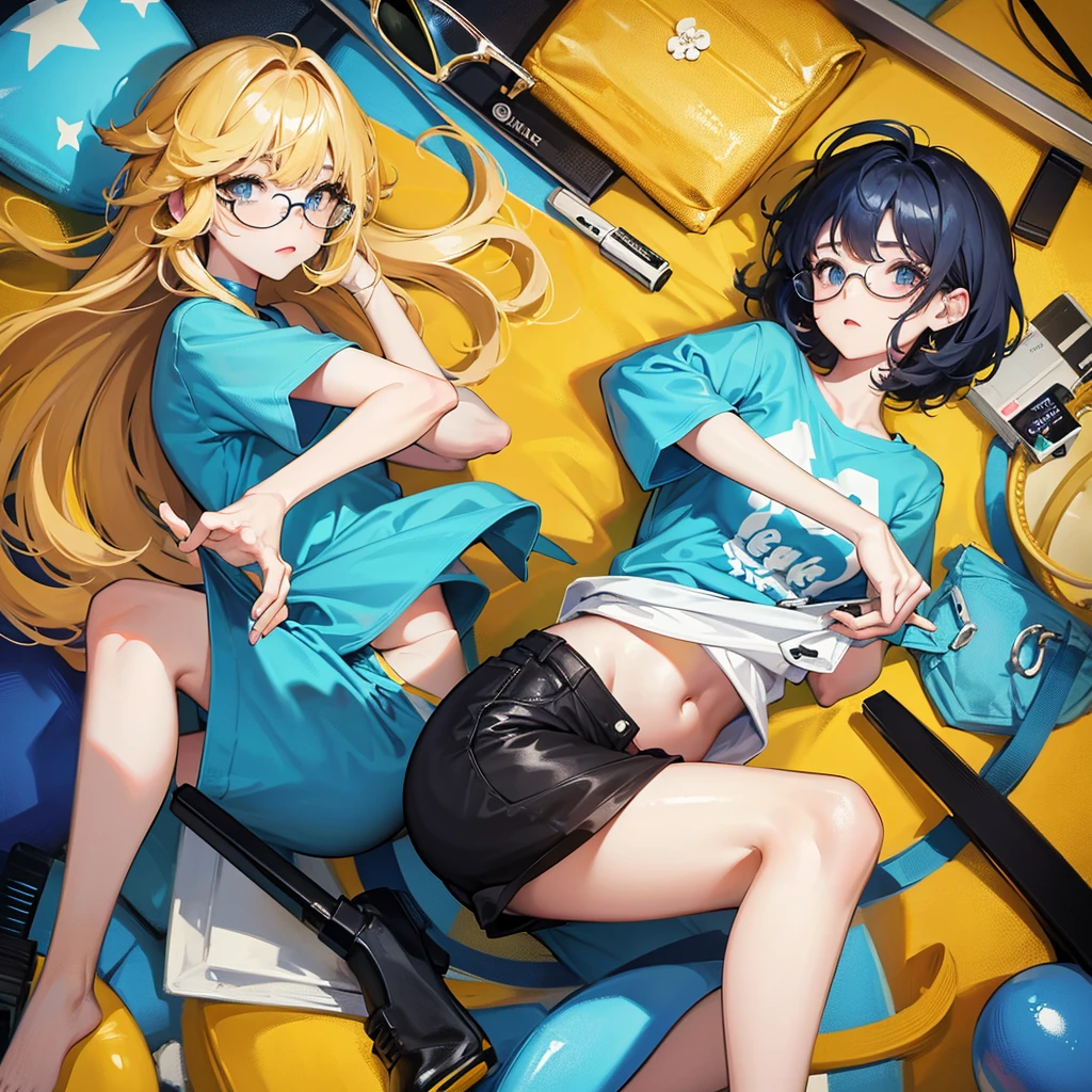 1 girl, Yellow medium-haired, With eyeglasses, blue t-shirt, short black tight shorts, cute face, blue-eyed