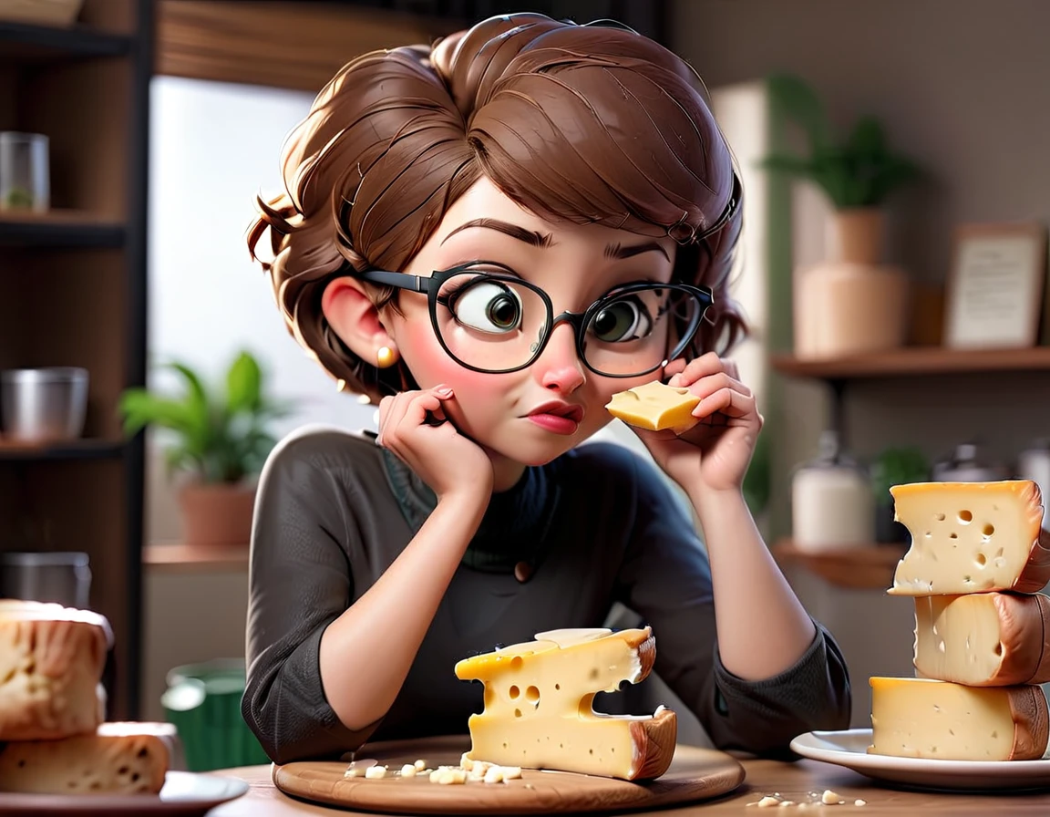 Woman with short hair and glasses eating cheese