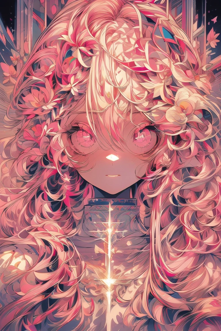(masterpiece), (Highest quality), Very detailed, oil、1 girl, Solo Shooting, Perfect Face, Beautiful Face, Translucent face、Very detailed顔,White ta Dress、(Pink Hair:1.3),(Strong curly hair:1.2), Curly hair、(Big eyes:1.4),Star-shaped light in your eyes, (Long eyelashes:1.4)、(Bright pink eyes:1.3)、Flower crown、Flower Hair Ornaments、Floral Background