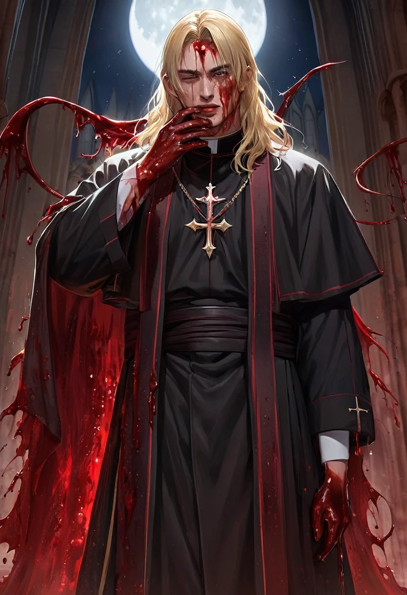 "Realistic Digital Painting with Concept Art Elements"," digital painting," "concept art," "realistic," "high detail", "1boy", "muscular", "wearing priest garment", "blood all over his hands and priest garments", "high-res", "blonde hair", "church", "moonlight", "bible in hand", "full body shot", "omnious aura,", "demon tail underneath priest garments", "bloody garments", "blood all over his face" "detailed-Eyes", "detailed-face", "blood on lips", "blood trickling down chin", "8k resolution", "heavily bloody as the entire garment is coated in red liquid"