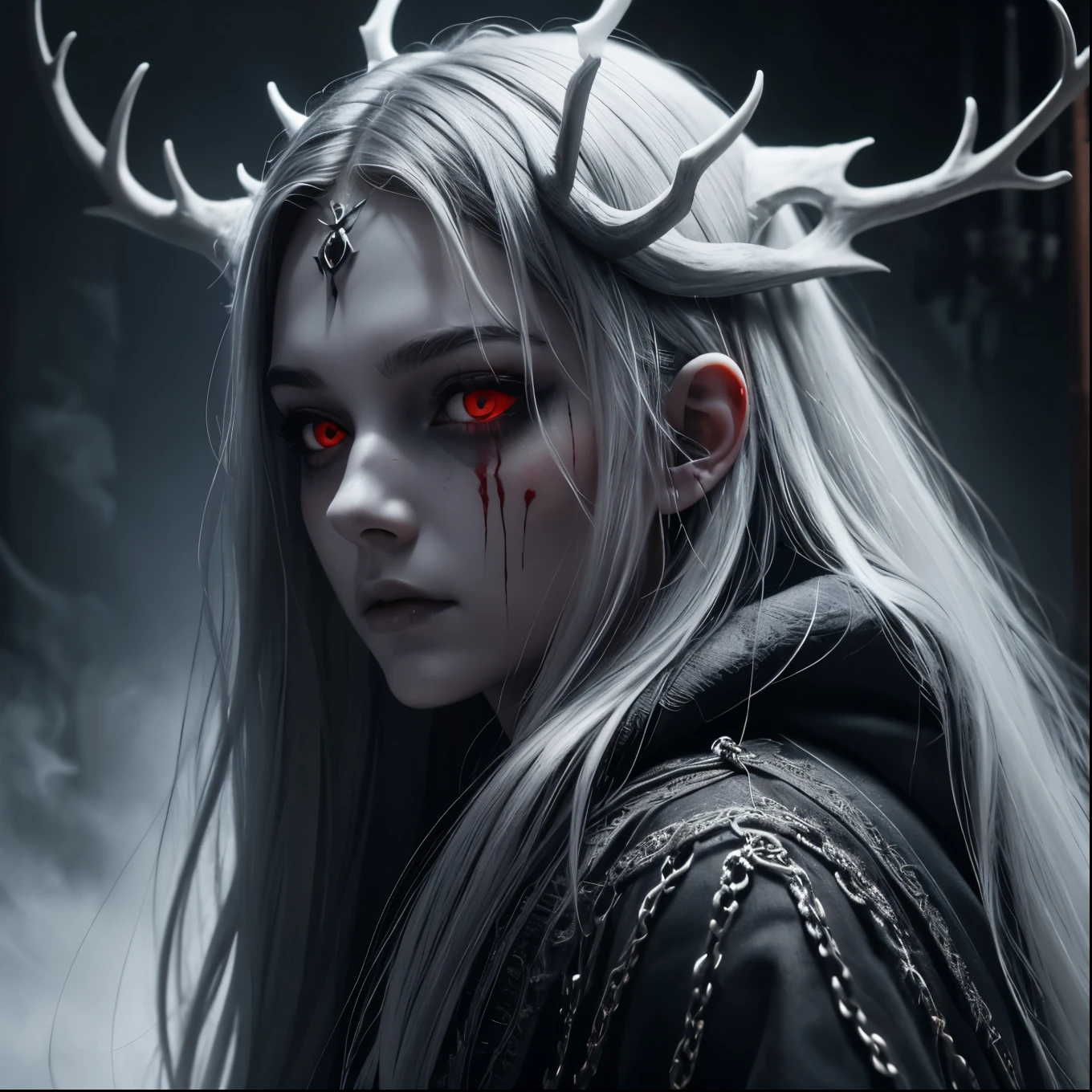 dark, unholy, evil, astral, creepy style, undead, rotting skin, mystical, nice perfect face with soft skin, young beautiful girl portrait on fire, grey smoke, mist, night, hood, white long hair, antlers, white empty eyes, from side, red glow, knife