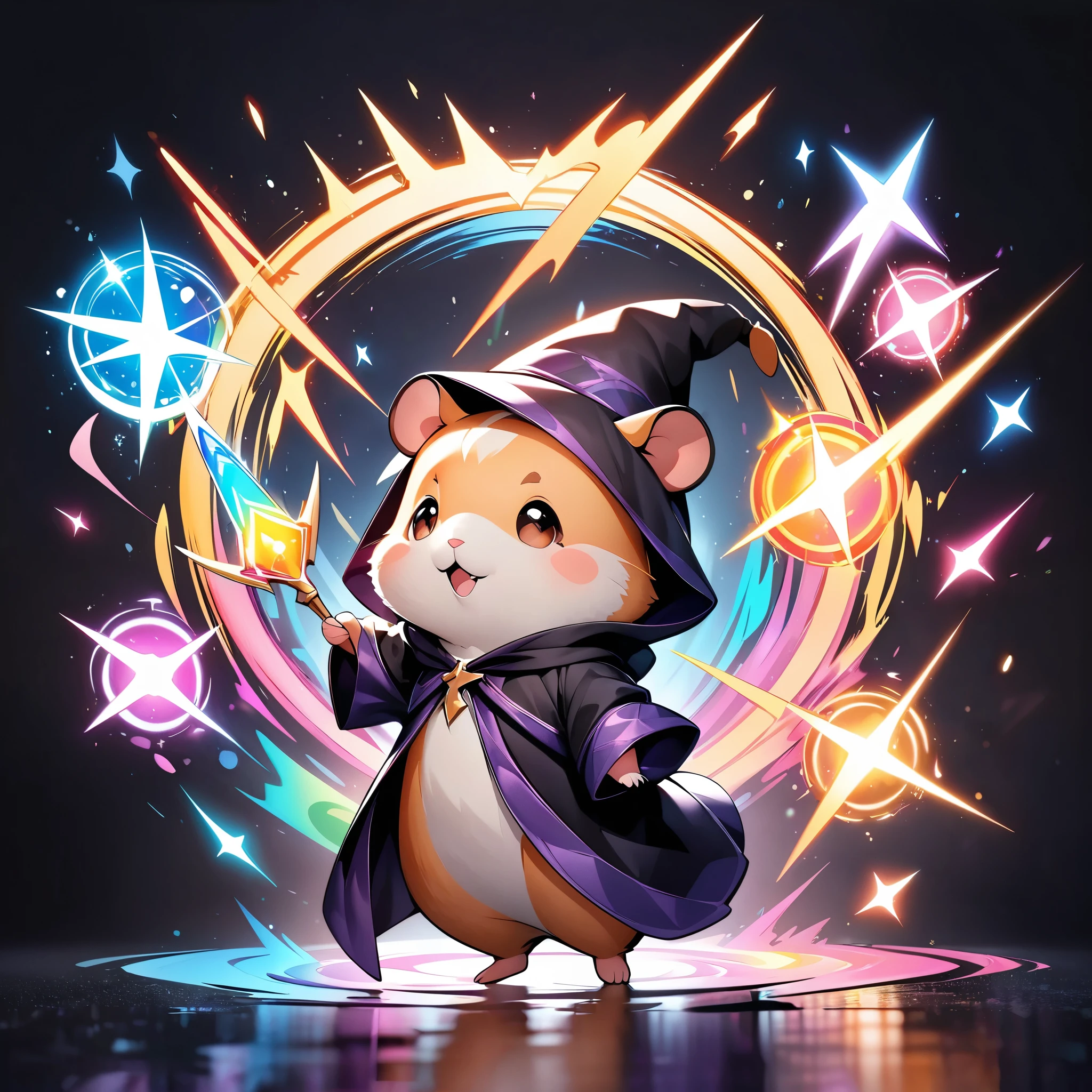 Colorful drawing of a hamster on a black background, Breathtaking Rendering, In a shining connection, Magical Elements, Hamster icon, Wizard Robe and Wand, Colorful vibrations and magical effects, Energy released, Cast a variety of spells, bright flash, flash, Deformation, Cute Animals.