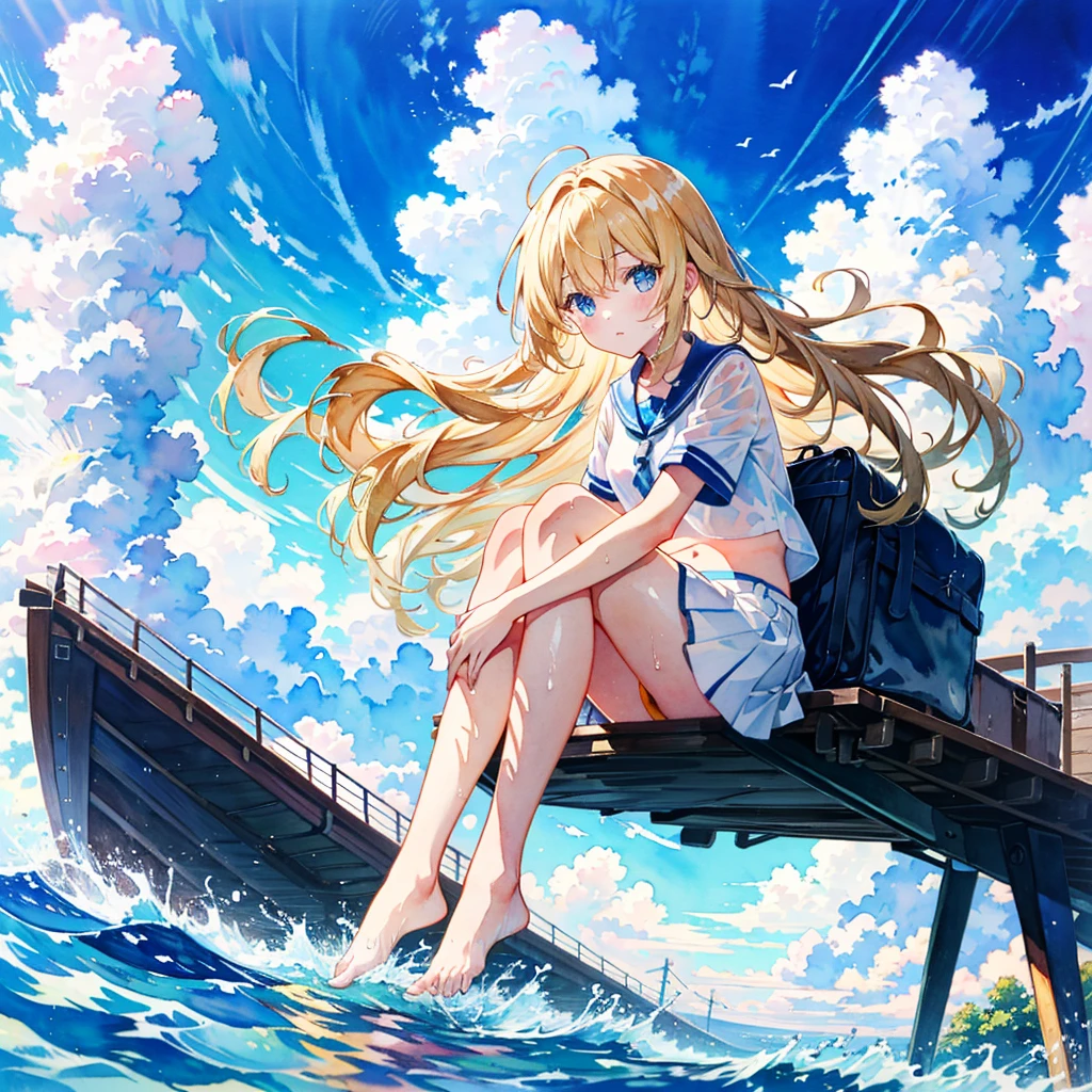 (Pastel color:0.8), (watercolor:1.2), (masterpiece:1.1), hi-res, 4k, extremely delicate and beautiful art, anime, beautiful detailed eyes, 1 anime girl, a girl sitting on the ground, lean back with arms behind back, knees up, a futuristic flying object, wind, blue sky with clouds, bare midriff, long hair, the water's edge, dutch angle, blond hair, blue eyes, wet clothes, white skirt,