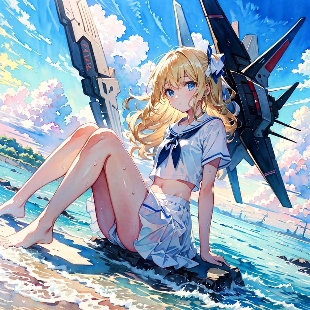 (Pastel color:0.8), (watercolor:1.2), (masterpiece:1.1), hi-res, 4k, extremely delicate and beautiful art, anime, beautiful detailed eyes, 1 anime girl, a girl sitting on the ground, lean back with arms behind back, knees up, a futuristic flying object, wind, blue sky with clouds, bare midriff, long hair, the water's edge, dutch angle, blond hair, blue eyes, wet clothes, white skirt,