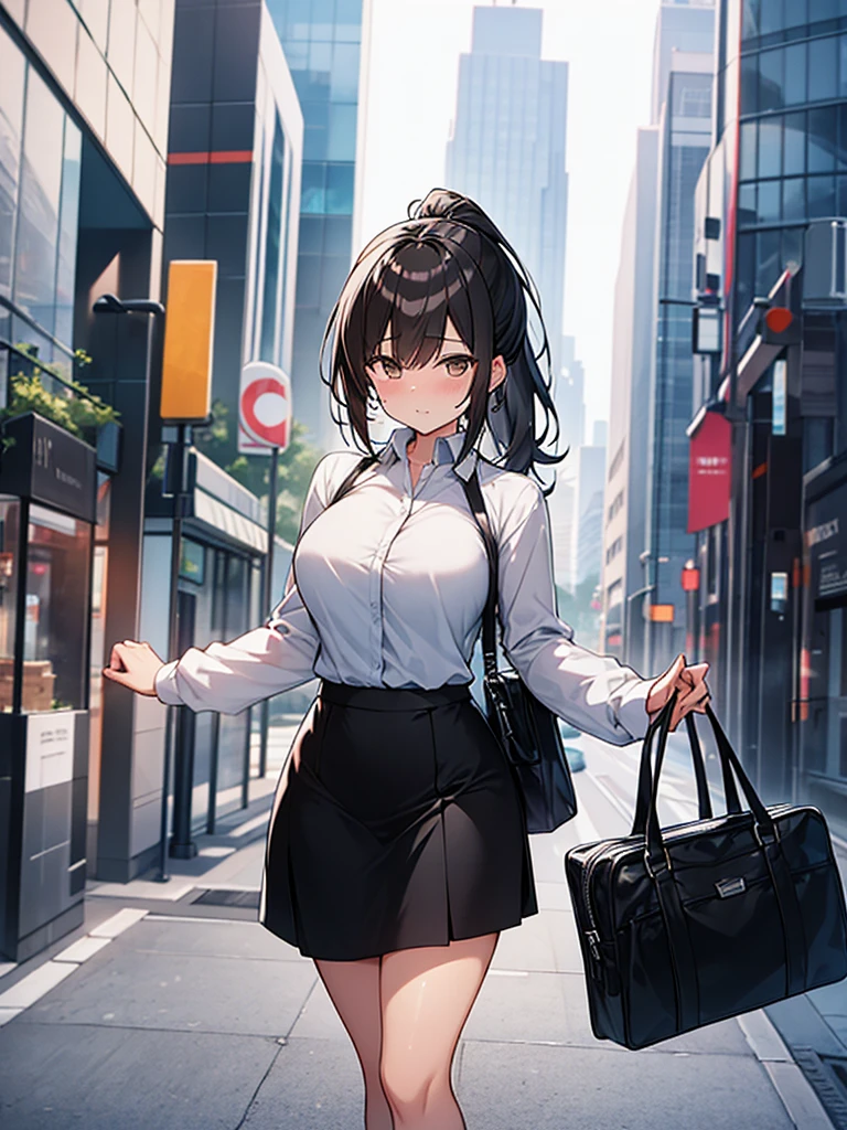 Thick sunlight Provocative composition:3.6 woman Walking through the business district Cloudy Full body view Sweat ponytail:3.6 Social People Black recruitment suit White collared shirt Three-quarter sleeves Black Skirt Black short hair, straight hair, hair tie Sweep your bangs to the side:2.4. Slanted eyes, brown eyes, tall, strong-willed, beautiful tits Business bag