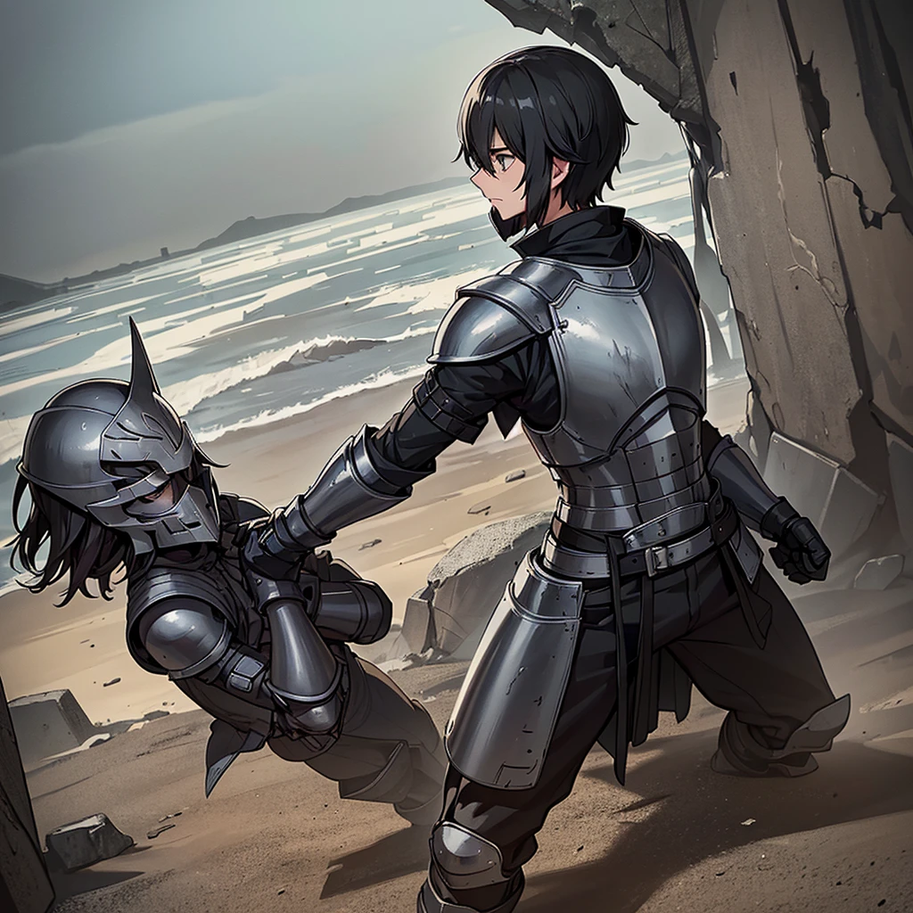 Best illustrations、Best Quality、(((Simple grey armor、Black trousers、Black gloves、Short Hair、Black Hair、20 year old man、Iron Helmet、Iron helmet)))、(((Fighting Pose)))、(Old ruins、desert。Grasasked Knight)、(Black, muddy swamp)、(Medieval Knight)、(Close your eyes、get annoyed、Open your mouth、Get angry、Sweat)、battlefield、(From the back)、Sea of mud、Black Sea、Fall to the ground