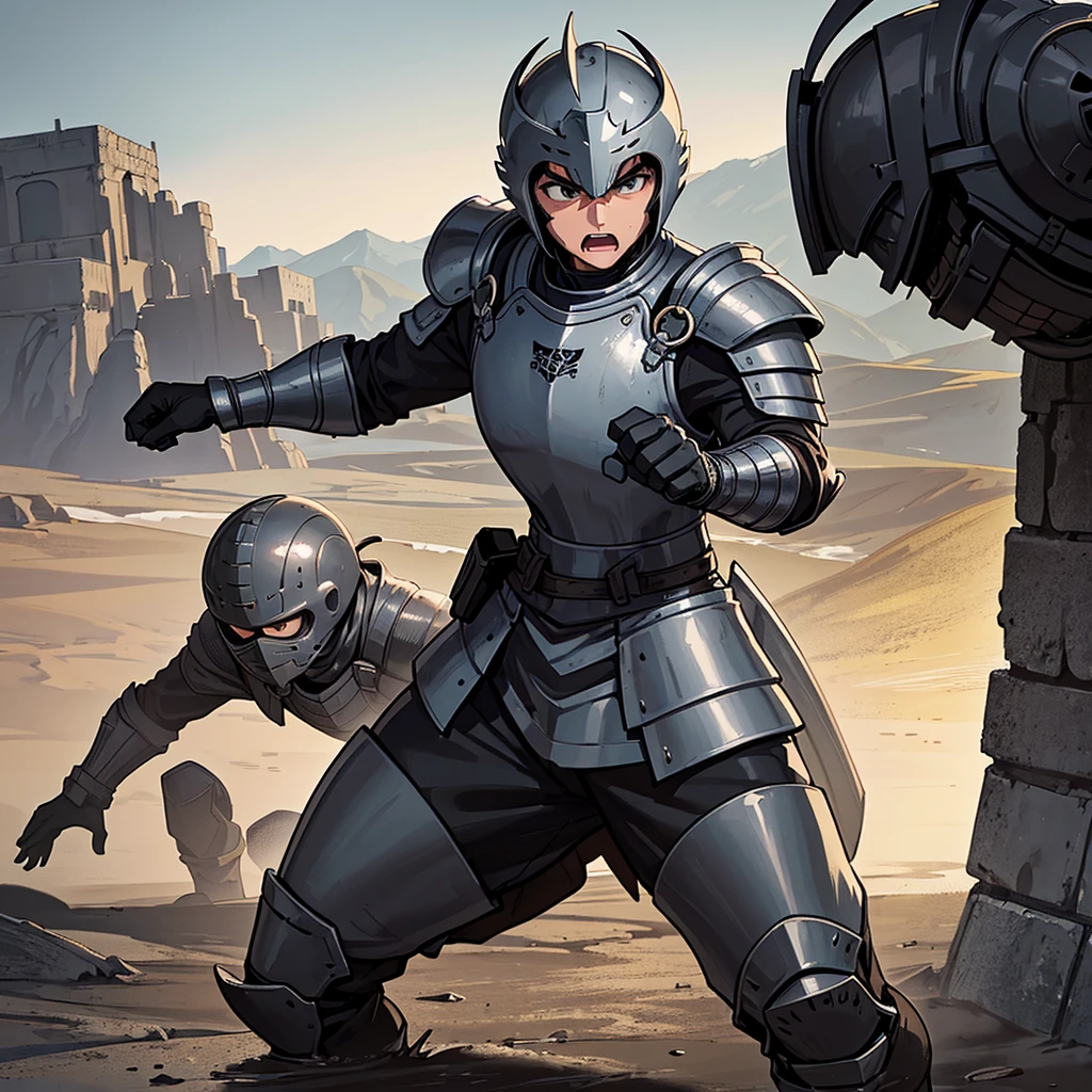 Best illustrations、Best Quality、(((Simple grey armor、Black trousers、Black gloves、Short Hair、Black Hair、20 year old man、Iron Helmet、Iron helmet)))、(((Fighting Pose)))、(Old ruins、desert。Grasasked Knight)、(Black, muddy swamp)、(Medieval Knight)、(Close your eyes、get annoyed、Open your mouth、Get angry、Sweat)、battlefield、(From the back)、Sea of mud、Black Sea、Fall to the ground